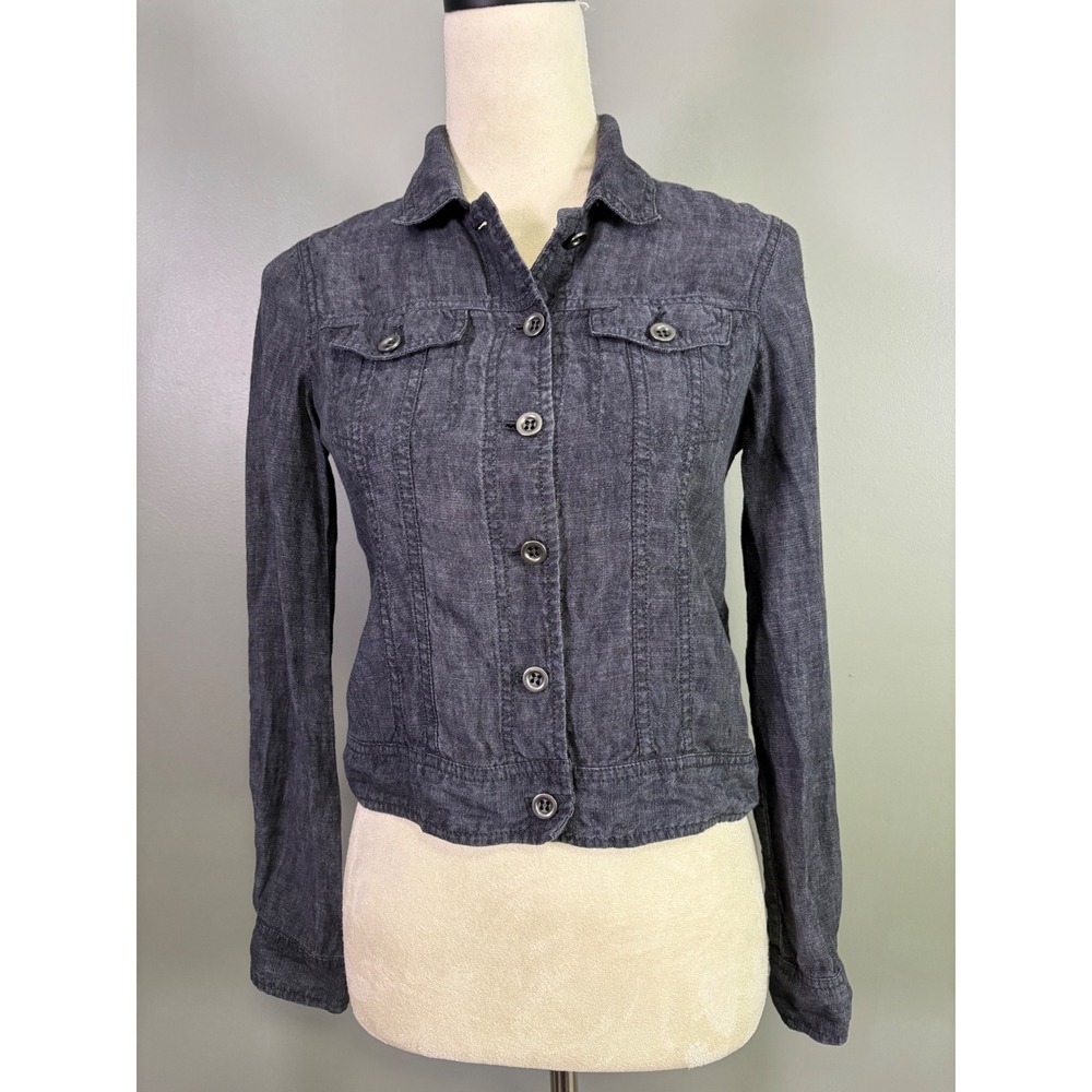 Eileen Fisher Linen Trucker Jacket Women Petite XXS‎ Button Up Coastal Capsule